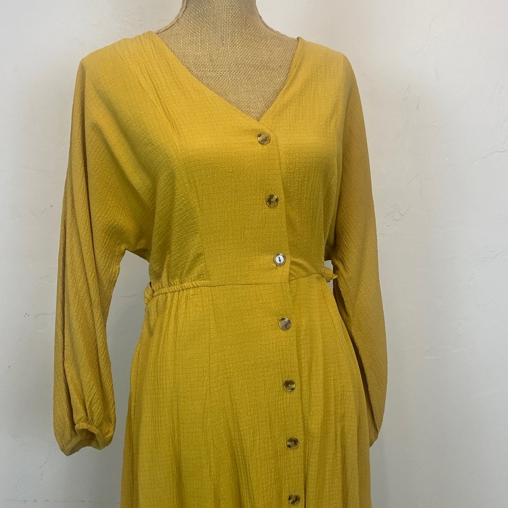 Calvin Klein Mustard Yellow Button-Front Long Sleeve Shirt Dress